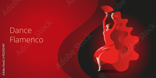 A slender woman with a fan dancing flamenco. The first screen template for the landing page.