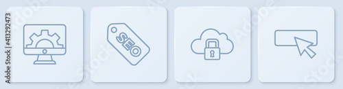 Set line Web development, Cloud computing lock, SEO optimization and UI or UX design. White square button. Vector.