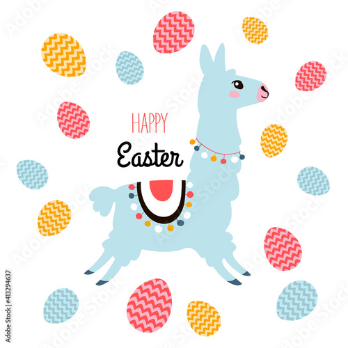 Easter card for Easter holidays design concept. Llama and Easter eggs