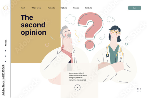 Medical insurance template -second opinion on a matter -modern flat vector concept digital illustration of two doctors and a question mark, second medical opinion metaphor, medical insurance plan