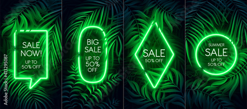Neon light banner in fluorescent color, tropical background concept.