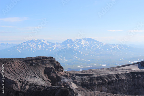 View from the top of Gorely volcano towards neighboring Mutnovsky volcano