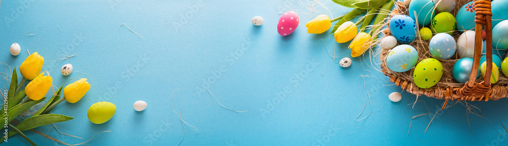 Easter Eggs And Flowers On A Blue Background - obrazy, fototapety, plakaty 