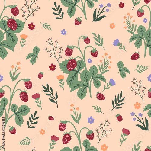 Wild strawberries and spring flowers seamless pattern