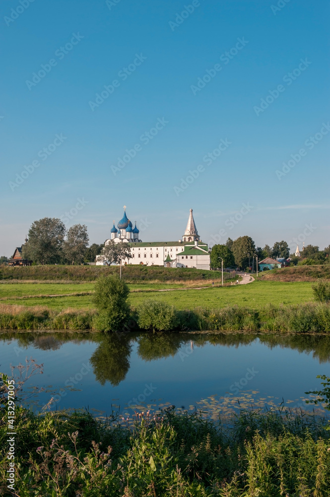 Suzdal Kremlin and the Cathedral of the Nativity of Christ, Russia. View of the attraction from the Kamenka River