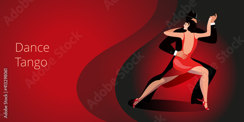 Beautiful couple dancing tango. A woman in a red dress and a man in a black suit and hat. Banner or invitation card template.
