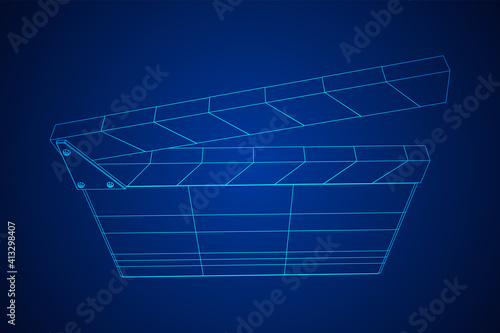Movie clapper board. Film cinema concept. Wireframe low poly mesh vector illustration