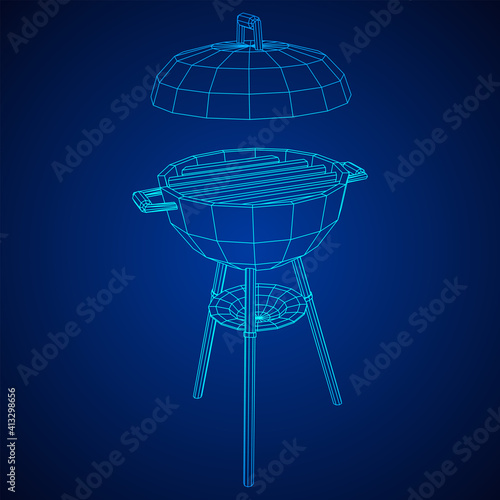 Round barbecue grill. Outdoor bbq party. Wireframe low poly mesh vector illustration