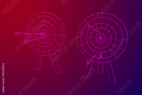 Archery target. Arrows hit round target goal concept. Wireframe low poly mesh vector illustration