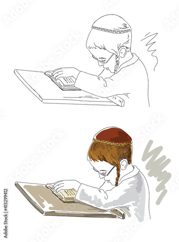 Little jewish hasidic boy study. Vector illustration.