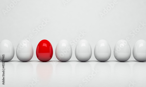 3D rendering. Red egg among group of white eggs. Unique concept