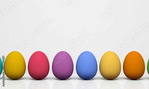 3D Illustration. Isolated row of colored Easter Eggs on white background. Easter Holidays concept