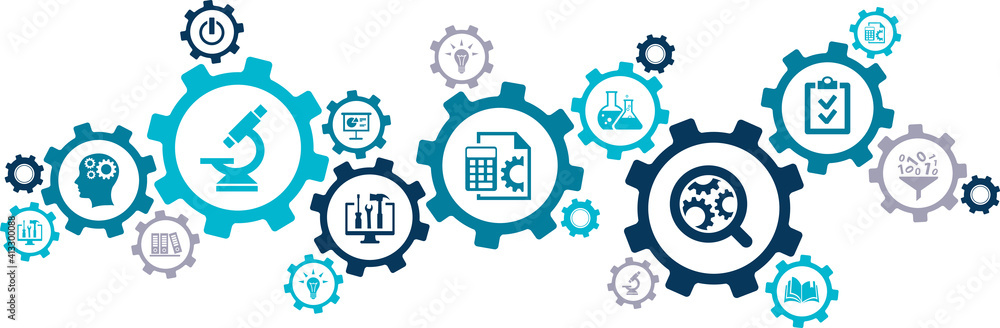 Research & development vector illustration. Concept with connected icons related to project management, product design or engineering, business development, r&d process using technology, engineering. Research & development vector illustration. Concept with connected icons related to project management, product design or engineering, business development, r&d process using technology, engineering.