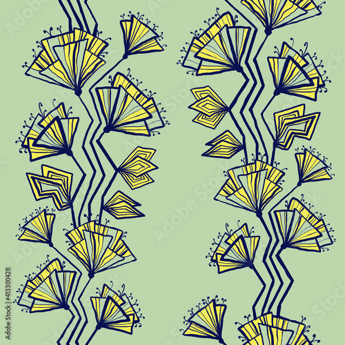 Floral abstract pattern with blue lines on green background