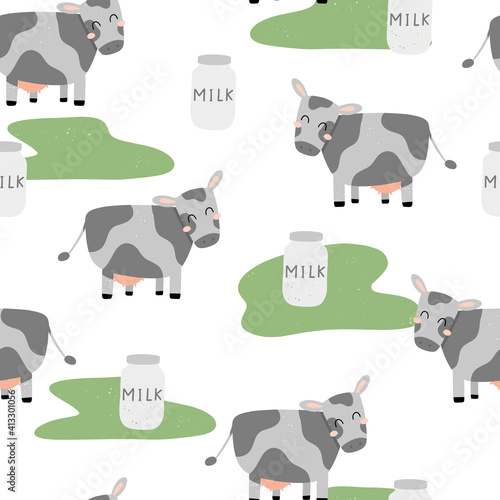 Cute cow seamless patter with animal character and milk bottle isolated on white background . Hand drawn childish vector illustration.