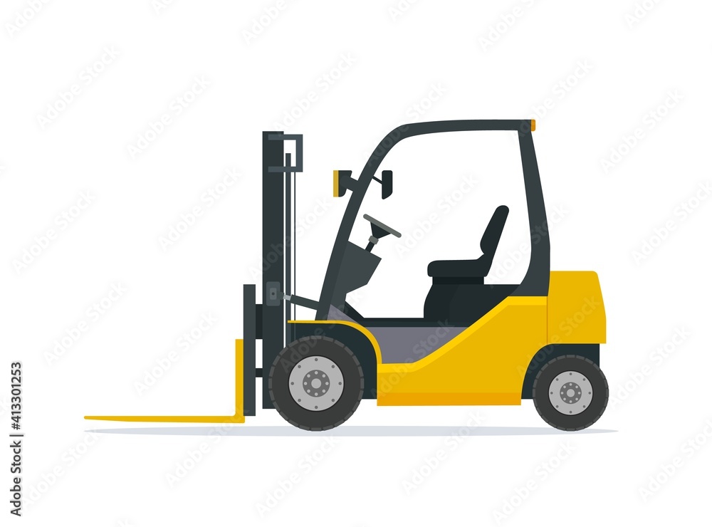 Yellow forklift truck isolated on white background. Empty electric uploader. Delivery, logistic and shipping cargo. Warehouse and storage equipment. Vector illustration in flat style