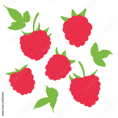 Set of raspberries.Hand drawn doodle. Isolated elements on a white background. 