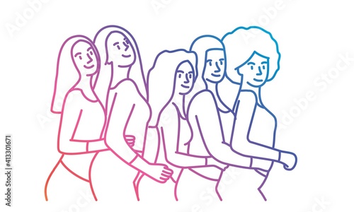 Side view of happy women. Colored line. Vector illustration.