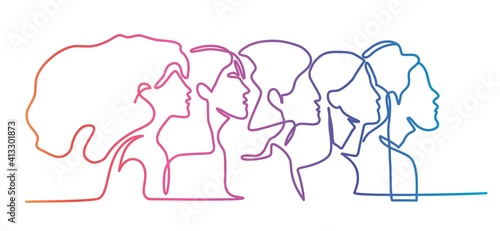 Colorful line of five woman. Vector illustration.