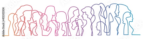 Crowd of women. Colorful line. Vector illustration.