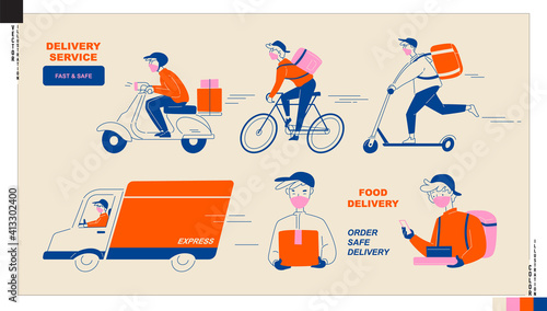 Set of delivery man icons. Food and parcel delivery service by truck, motorbike, bicycle, and kick scooter. New normal lifestyle, safe delivery service.
