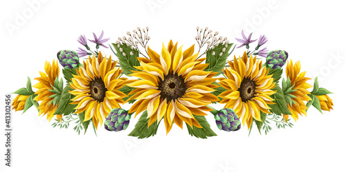Sunflowers bouquet with wild flower and artichoke isolated.