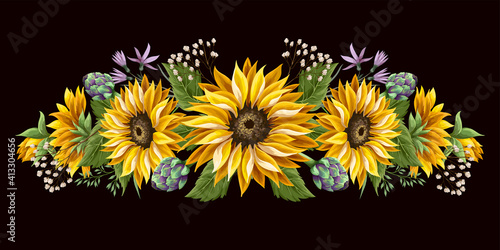 Sunflowers bouquet with wild flower and artichoke isolated.