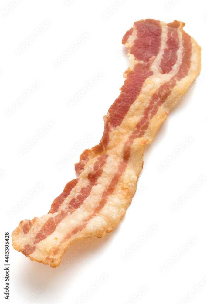 cooked crispy slice of bacon isolated on white background cooked crispy slice of bacon isolated on white background
