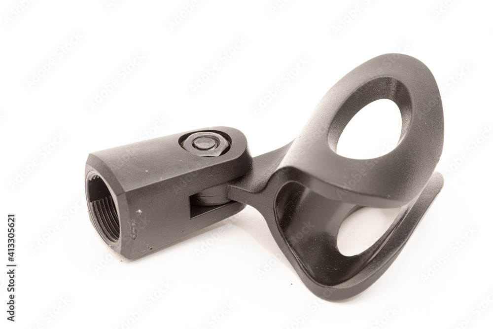 Obraz premium Black plastic microphone holder isolated above white background