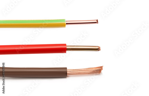 Electric cable with different copper core colors insulator on a white background