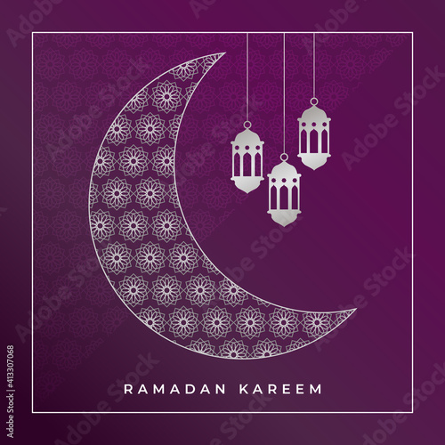 Premium ramadan kareem card design. Vector illustration of an arabic text Ramadan Kareem meaning generous Ramadan (month of fasting) with Islamic geometric pattern background. Minimalistic design.