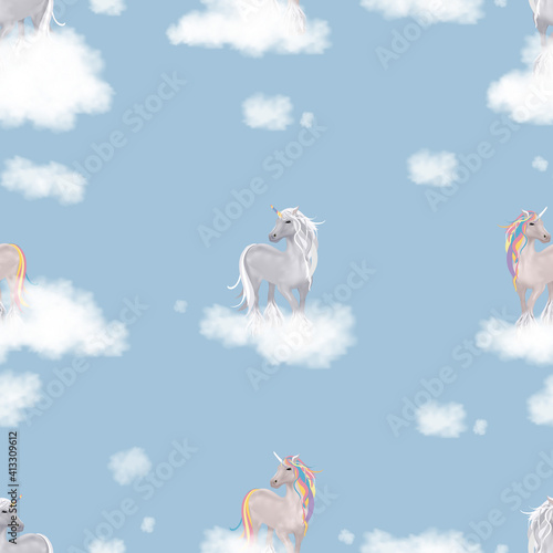Seamless pattern cute Fantasy unicorns with clouds. Vector illustration Enless wonderland  background for kids, Childish repeated texture with magic cartoon characters.