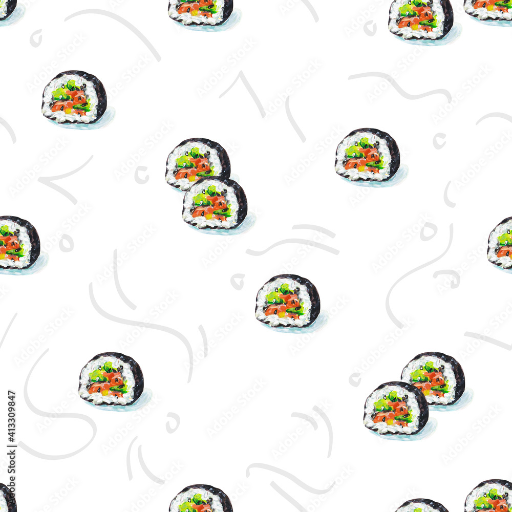 Rolls with avocado and red fish isolated on white background. Traditional asian kitchen. Seamless pattern for fabric design. Handwork acrylic drawn. Rolls with avocado and red fish isolated on white background. Traditional asian kitchen. Seamless pattern for fabric design. Handwork acrylic drawn.