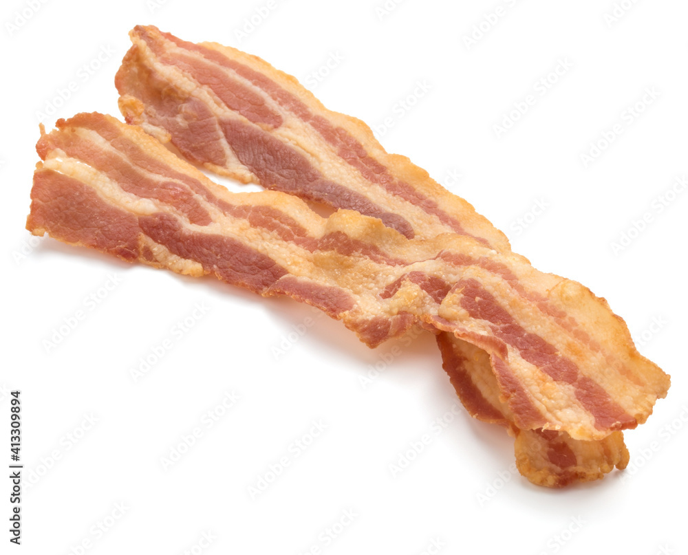 cooked crispy slices of bacon isolated on white background cooked crispy slices of bacon isolated on white background