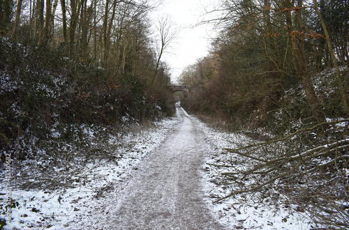View looking down the Worth Way towards a brick road bridge crossing the bridleway near the village of Crawley Down in West Sussex, England, UK. Snow covers the path with snowy branches on either side