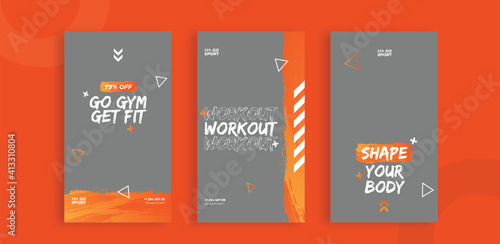 Set of editable templates for Instagram story, Facebook story, social media, gym, sport, advertisement, and business promotion, fresh design with orange color and minimalist vector (1/3)