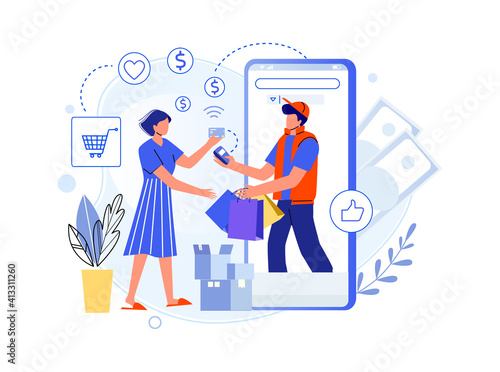 Delivery purchases from shop and pay credit card. Payment buy use card, purchase delivery online, internet shop service technology, sale and buying, vector illustration