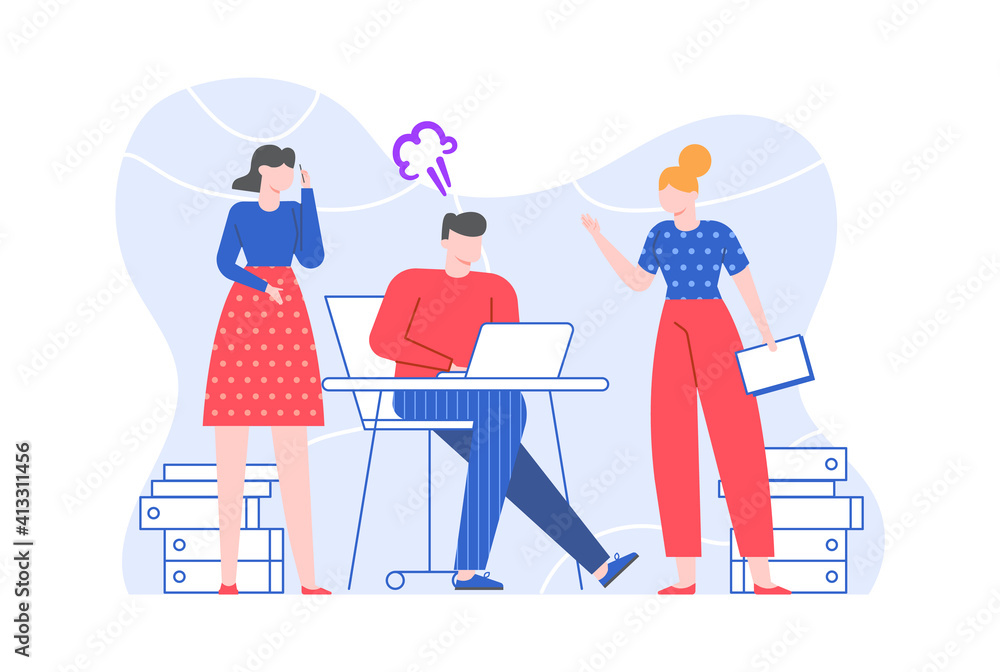Fototapeta premium Office worker listens to instructions and get angry. Office employee and manager character, instruction and advice explaining. Vector illustration
