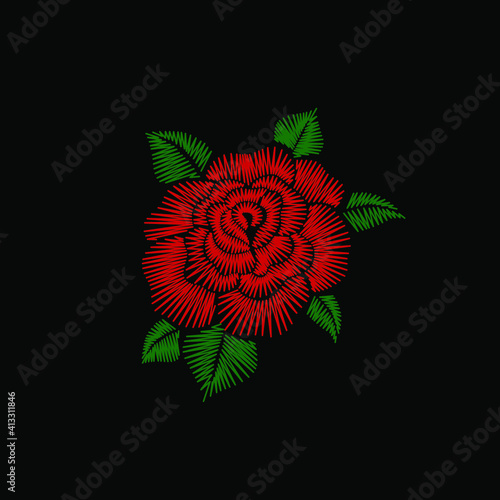 red rose vector with embroidered style on black background design flat