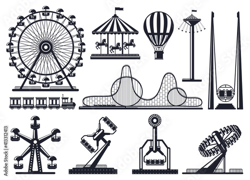 Amusement park silhouette. Attractions festive park carousel and ferris wheel. Carnival park attractions silhouettes vector illustration set. Amusement entertainment, carousel and rollercoaster