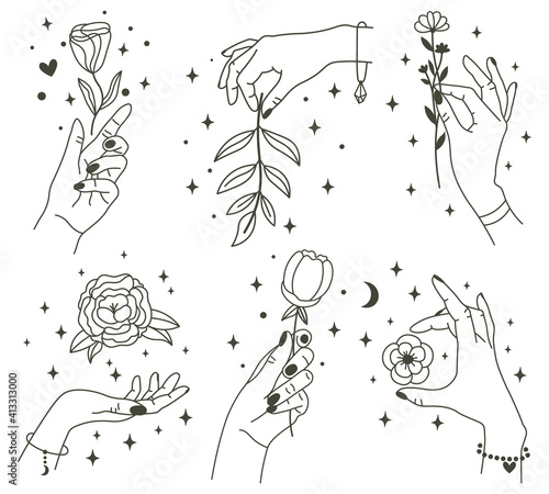Flowers in magical hands. Trendy linear minimal style hands holding beautiful flowers. Minimalist tattoos or beauty studio design vector illustration set. Hand flower icon, magic floral mystic