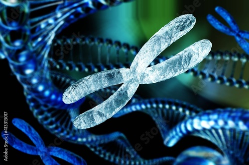 X chromosome against the background of DNA. Chromosomes and DNA. 3D rendering