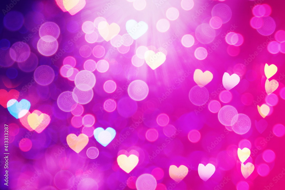 Pink purple background, festive hearts, bokeh gradient