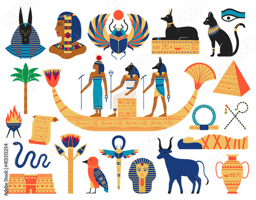 Egyptian elements. Ancient gods, pyramids and sacred animals. Egypt mythology symbols vector illustration set. Ancient mythology egyptian, anubis and pharaoh