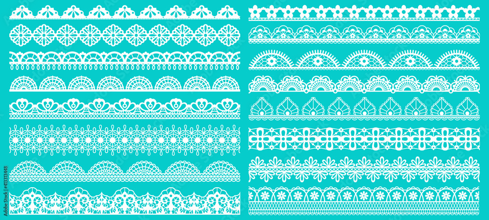 Vintage lace borders. Seamless lace borders for wedding decoration. Figured retro lace pattern elements vector illustration set. Lacy pattern repeat, scroll decorate gorgeous to wedding decoration - obrazy, fototapety, plakaty 