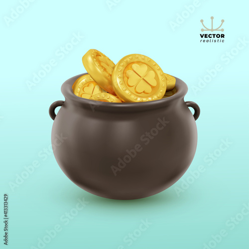 Realistic pot with gold coins for Saint Patricks Day Holiday. Hidden treasures from Irish traditions. Element design. Vector illustration. Isolated on white background.