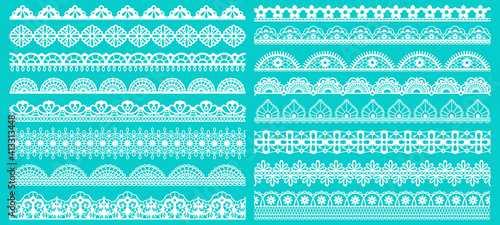 Vintage lace borders. Seamless lace borders for wedding decoration. Figured retro lace pattern elements vector illustration set. Lacy pattern repeat, scroll decorate gorgeous to wedding decoration