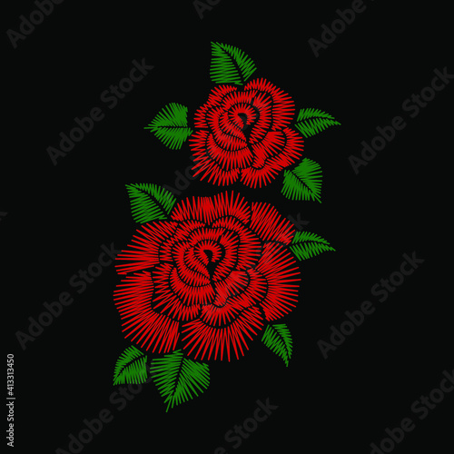 red rose vector with embroidered style on black background design flat