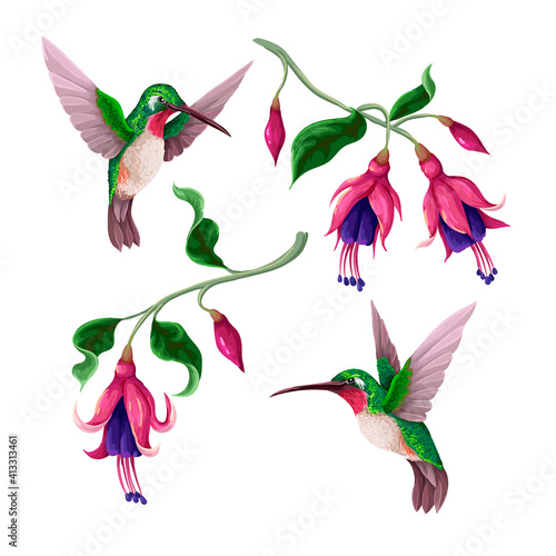 Hummingbirds and tropical flowers isolated. Trendy vector print