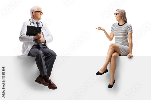Mature doctor and a young woman seated on a blank panel